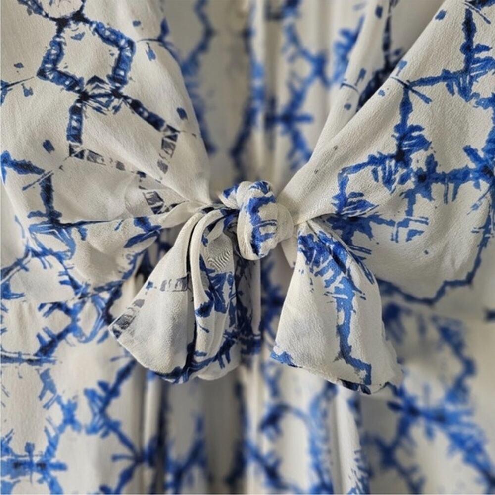 Rebecca Taylor Ikat Silk Blue White Abstract Flutter Sleeve Maxi Dress Size 6 - Picture 8 of 12